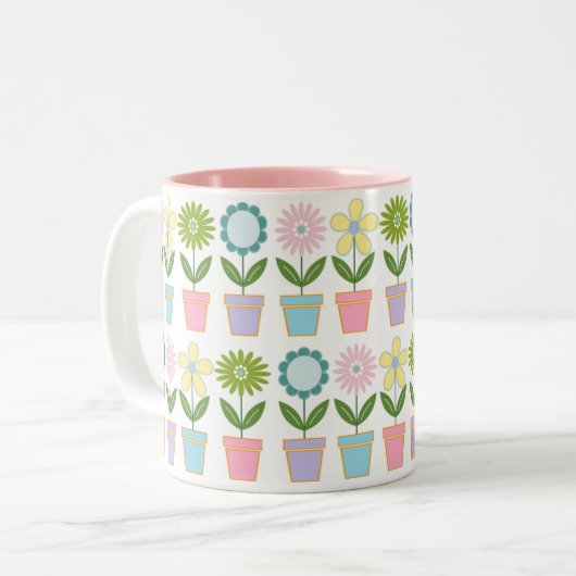 Cute Pastel Flower Pots Pattern ツートーンマグカップ (正面左)