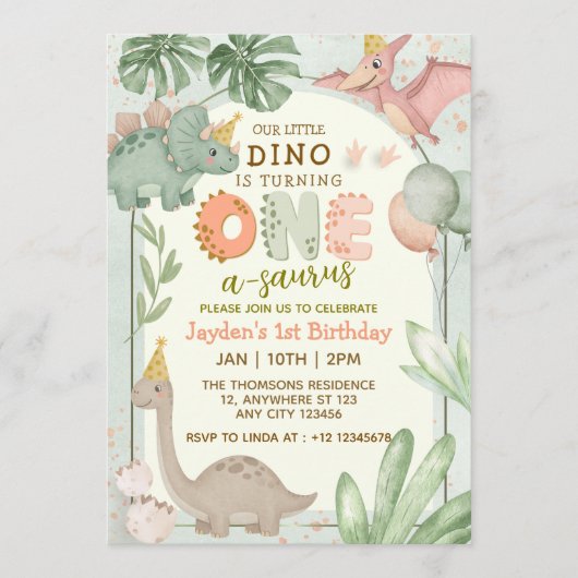 Cute Pastel Green Dinosaur One-A-Sauraus Birthday  招待状 (正面)