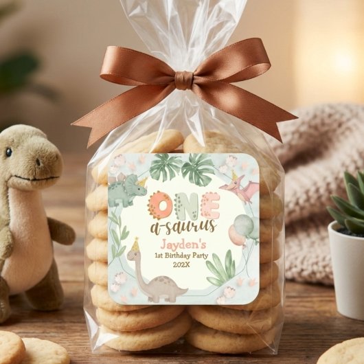 Cute Pastel Green Dinosaur One A Saurus Birthday  スクエアシール