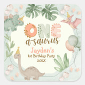 Cute Pastel Green Dinosaur One A Saurus Birthday  スクエアシール (正面)