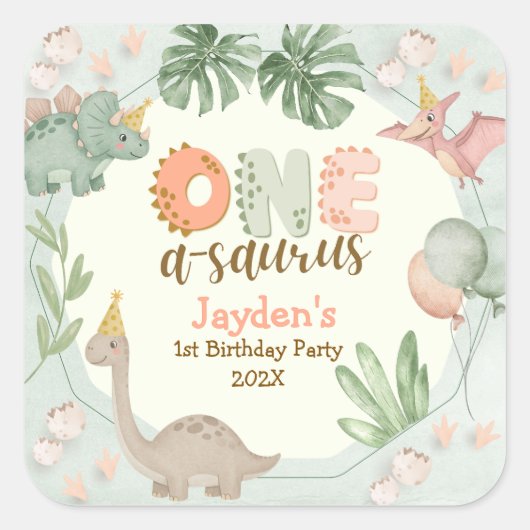 Cute Pastel Green Dinosaur One A Saurus Birthday  スクエアシール (正面)