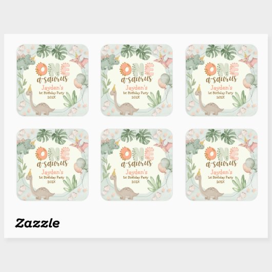 Cute Pastel Green Dinosaur One A Saurus Birthday  スクエアシール (シート)