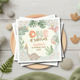 Cute Pastel Green Dinosaur One A Saurus Birthday  スタンダードカクテルナプキン