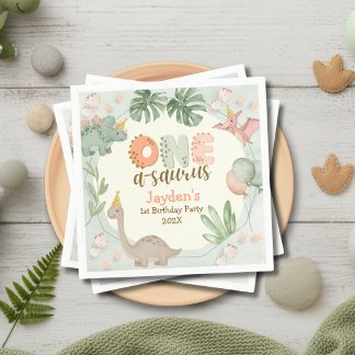 Cute Pastel Green Dinosaur One A Saurus Birthday  スタンダードカクテルナプキン