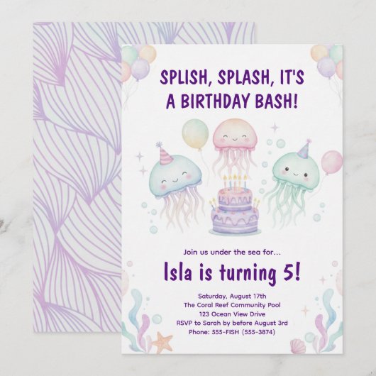 Cute Pastel Jellyfish Birthday Party Invitation 招待状 (正面/裏面)