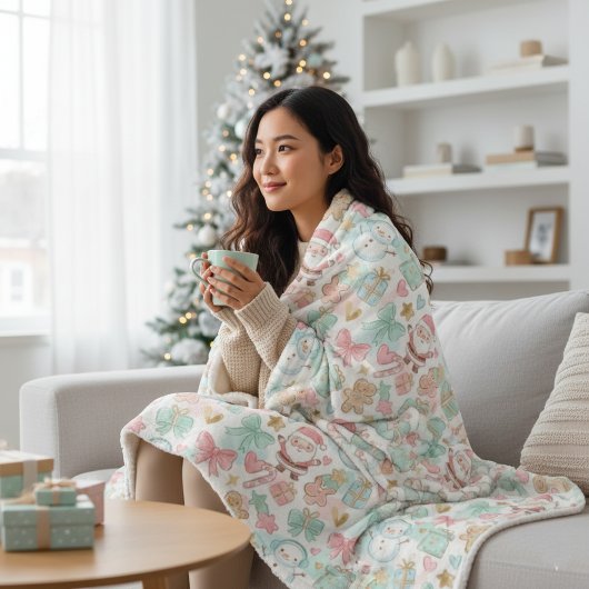 Cute Pastel Kawaii Winter Santa & Snowman Pattern シェルパブランケット