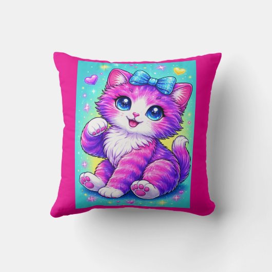 Cute Pastel Kitten Pillow Design with Bow and Spar クッション (裏面)