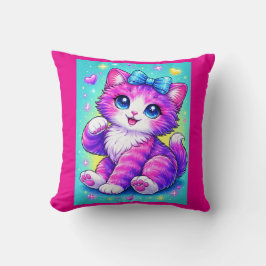 Cute Pastel Kitten Pillow Design with Bow and Spar クッション