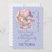 Cute Pastel Mauve Unicorn Children Cake Balloons 招待状 (正面)