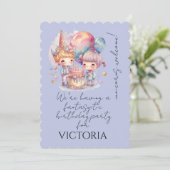 Cute Pastel Mauve Unicorn Children Cake Balloons 招待状 (スタンド正面)