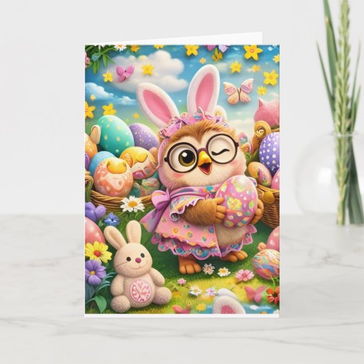 Cute pastel owl bunny Easter happy birthday カード (正面)