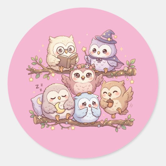 Cute Pastel Owl Friends Sticker Sheet ラウンドシール (正面)