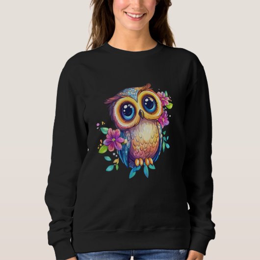 Cute Pastel Owl with Flowers Big Eyes Boho Nature スウェットシャツ (正面)