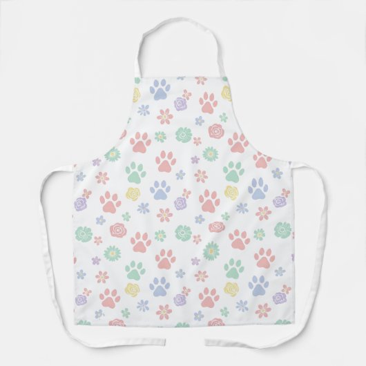 Cute Pastel Paw Prints and Flowers Pattern エプロン (正面)