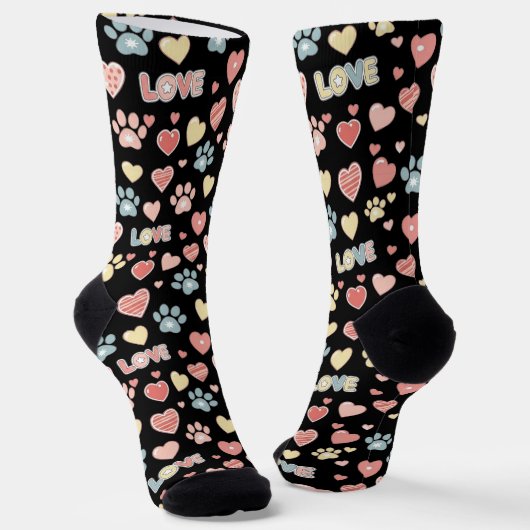 Cute Pastel Paw Prints and Hearts Pattern "LOVE" ソックス (傾斜あり)