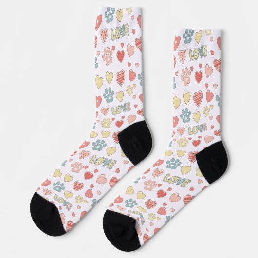 Cute Pastel Paw Prints and Hearts Pattern "LOVE" ソックス (左)
