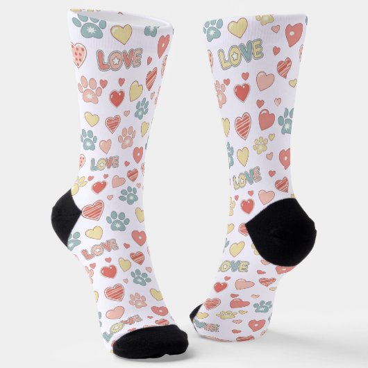 Cute Pastel Paw Prints and Hearts Pattern "LOVE"  ソックス (傾斜あり)