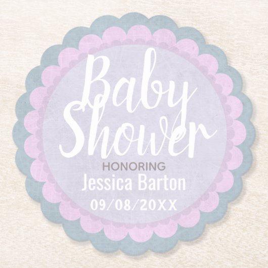 Cute Pastel Pink and Grey Custom Baby Shower ペーパーコースター (正面)