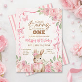 Cute Pastel Pink Bunny Floral Birthday  招待状