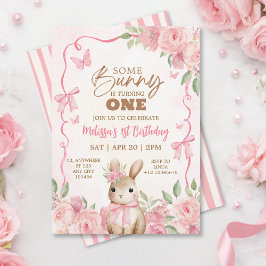 Cute Pastel Pink Bunny Floral Birthday  招待状