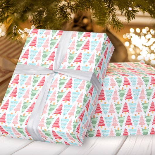 Cute Pastel Pink Colorful Christmas Tree Pattern ラッピングペーパー
