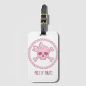 Cute Pastel Pink Skull with Bow and Crossbones Des ラゲッジタグ (正面縦)