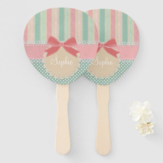 Cute Pastel Polka Dot & Stripes Design ハンドファン (正面&裏面)
