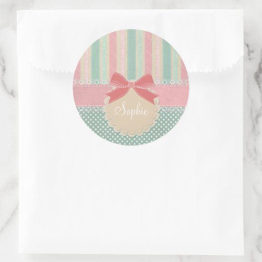 Cute Pastel Polka Dot & Stripes Design ラウンドシール (バッグ)