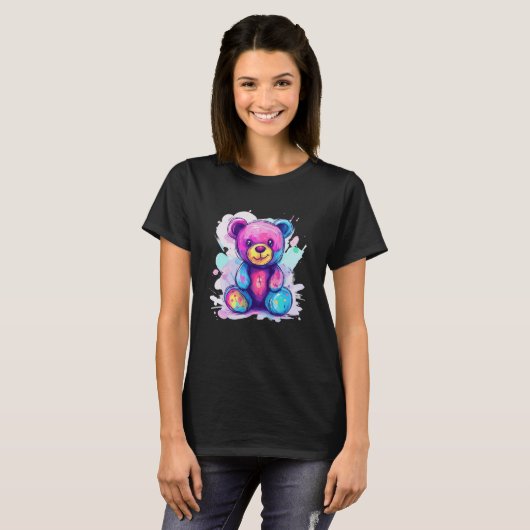 Cute Pastel Rainbow Teddy Bear Paint Splash Tシャツ (正面フル)