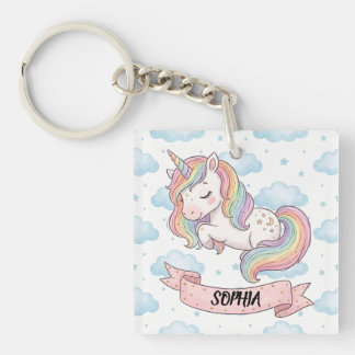 Cute Pastel Rainbow Unicorn Clouds Personalized キーホルダー