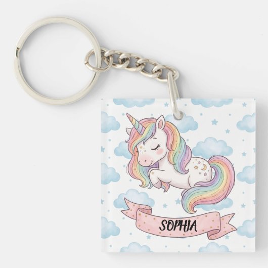Cute Pastel Rainbow Unicorn Clouds Personalized キーホルダー (正面)