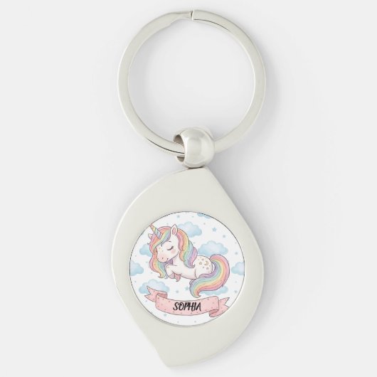 Cute Pastel Rainbow Unicorn Clouds Personalized キーホルダー (正面)