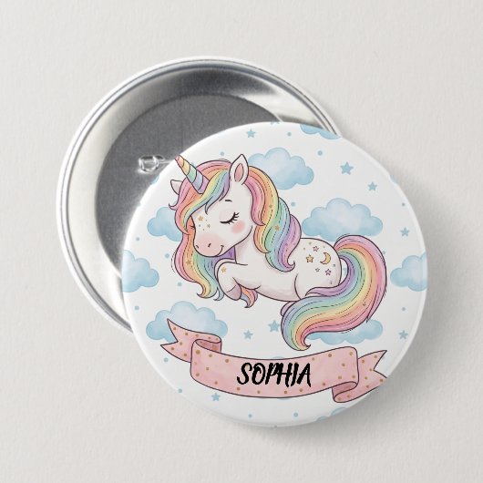 Cute Pastel Rainbow Unicorn Clouds Personalized 缶バッジ (正面&裏面)