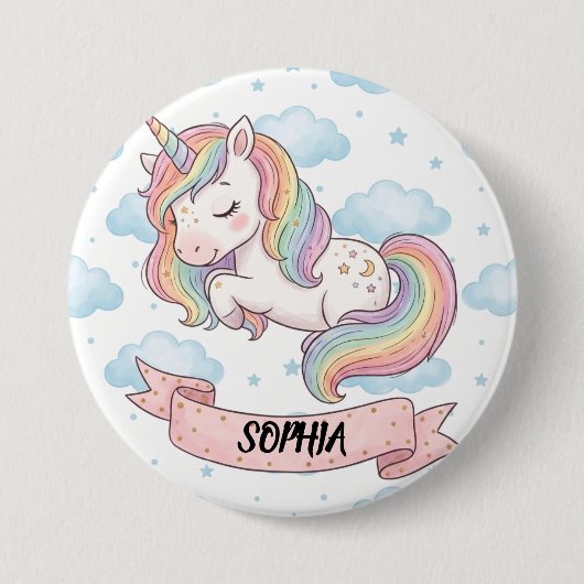 Cute Pastel Rainbow Unicorn Clouds Personalized 缶バッジ (正面)