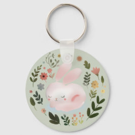 Cute Pastel Spring Bunny Floral Wreath Nursery Art キーホルダー