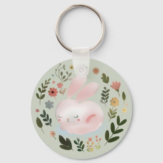 Cute Pastel Spring Bunny Floral Wreath Nursery Art キーホルダー (正面)