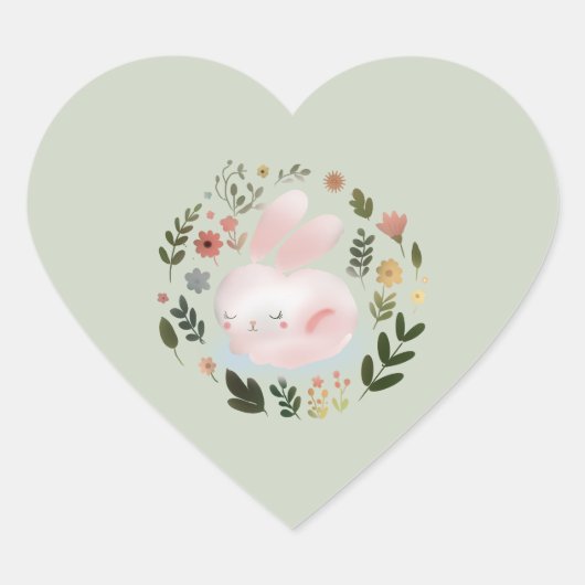 Cute Pastel Spring Bunny Floral Wreath Nursery Art ハートシール (正面)