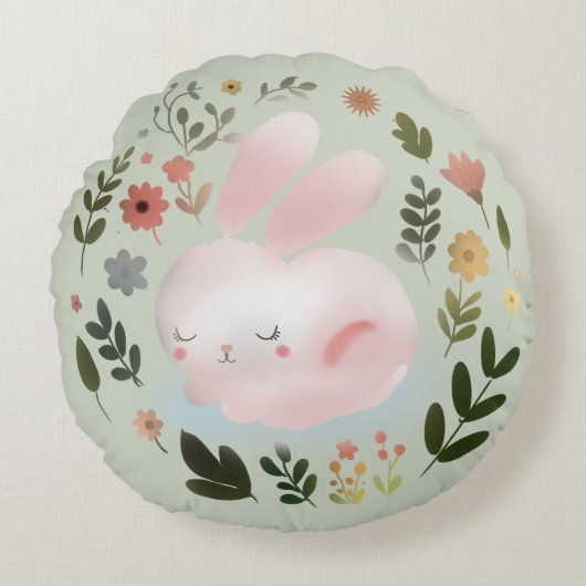 Cute Pastel Spring Bunny Floral Wreath Nursery Art ラウンドクッション (正面)