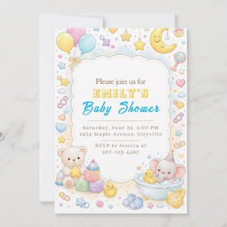 Cute Pastel Teddy Bear & Elephant Baby Shower  招待状
