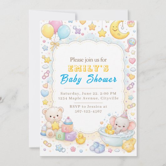 Cute Pastel Teddy Bear & Elephant Baby Shower  招待状 (正面)