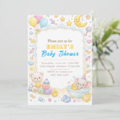 Cute Pastel Teddy Bear & Elephant Baby Shower  招待状 (スタンド正面)