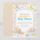 Cute Pastel Teddy Bear & Elephant Baby Shower  招待状 (正面/裏面)