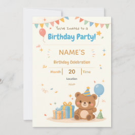 Cute Pastel Teddy Bear Kids Birthday Invitation 招待状