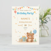 Cute Pastel Teddy Bear Kids Birthday Invitation 招待状 (スタンド正面)