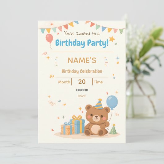 Cute Pastel Teddy Bear Kids Birthday Invitation 招待状 (スタンド正面)
