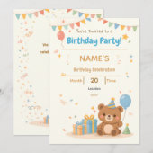 Cute Pastel Teddy Bear Kids Birthday Invitation 招待状 (正面/裏面)