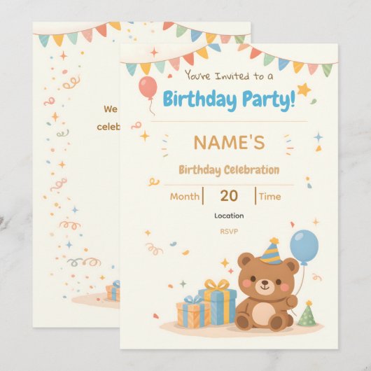 Cute Pastel Teddy Bear Kids Birthday Invitation 招待状 (正面/裏面)