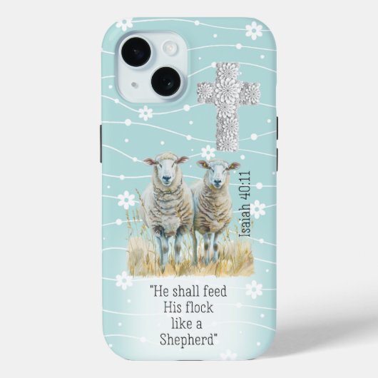 Cute Pastel Turquoise Floral Sheep Cross Scripture Case-Mate iPhoneケース (裏面)
