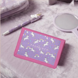 Cute Pastel Unicorn and Rainbow for Kids ナイロン三つ折りウォレット