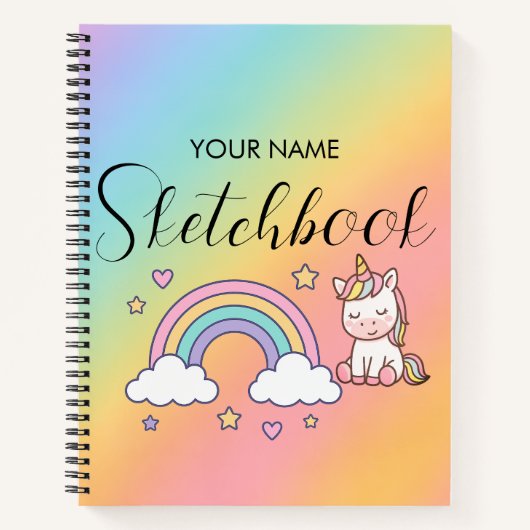 Cute Pastel Unicorn Rainbow Custom Name ノートブック (正面)